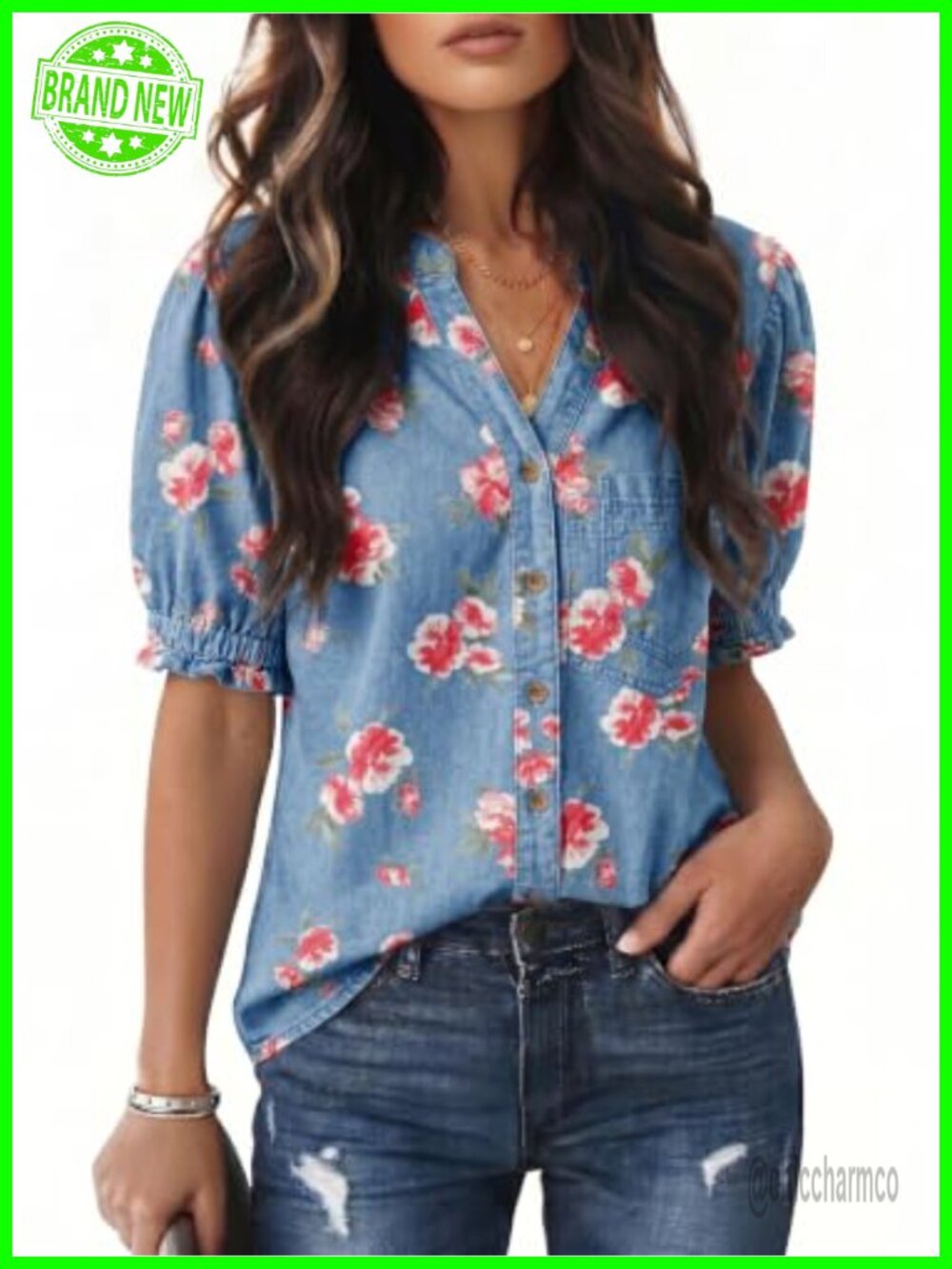 Women's 100% Cotton Denim Button Down Shirt V Neck Short Sleeve Casual
